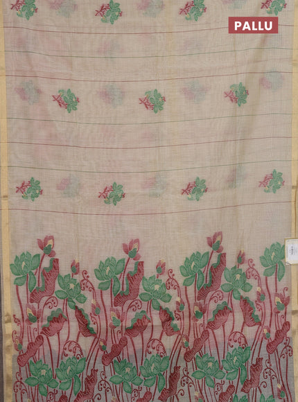 Jamdhani cotton saree beige and green with allover thread stripe pattern & floral buttas and jamdhni pallu