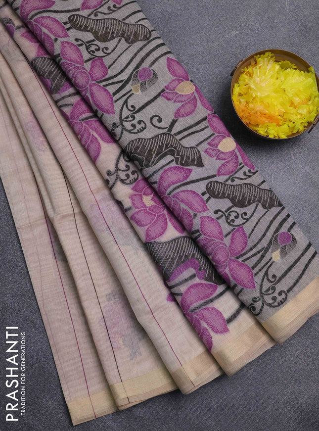 Jamdhani cotton saree beige and purple with allover thread stripe pattern & floral buttas and jamdhni pallu