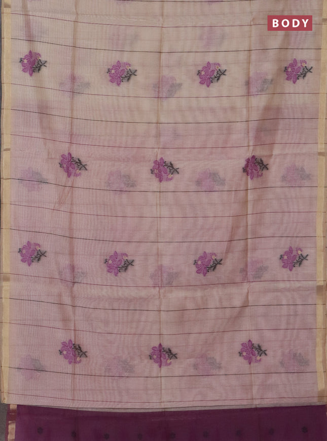 Jamdhani cotton saree beige and purple with allover thread stripe pattern & floral buttas and jamdhni pallu