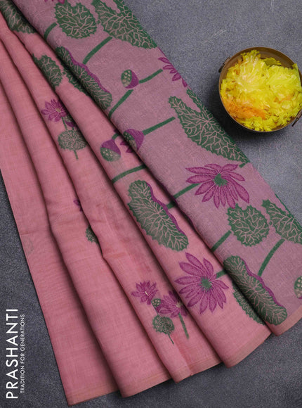 Jamdhani cotton saree peach pink and purple with thread & zari woven floral buttas and jamdhani pallu