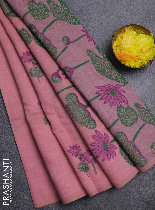 Jamdhani cotton saree peach pink and purple with thread & zari woven floral buttas and jamdhani pallu