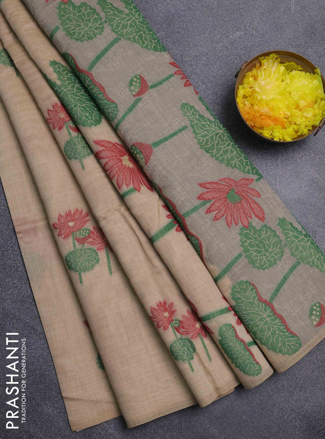 Jamdhani cotton saree beige and maroon with thread & zari woven floral buttas and jamdhani pallu