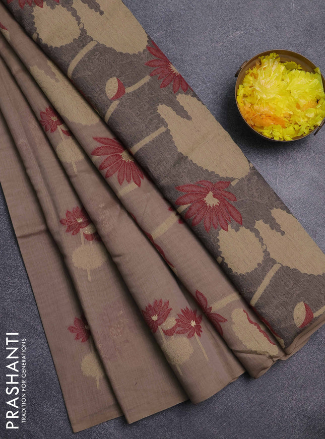 Jamdhani cotton saree dark beige and maroon with thread & zari woven floral buttas and jamdhani pallu