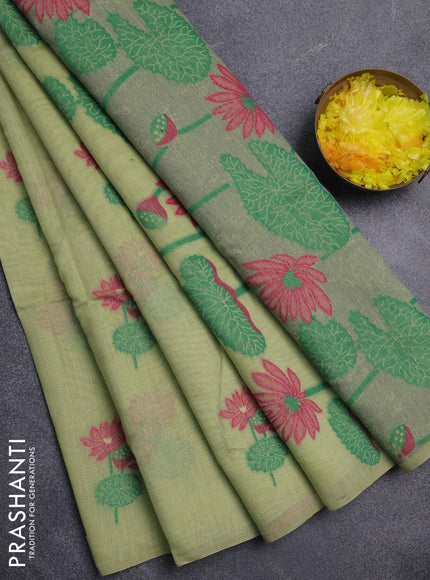 Jamdhani cotton saree pista green and pink with thread & zari woven floral buttas and jamdhani pallu