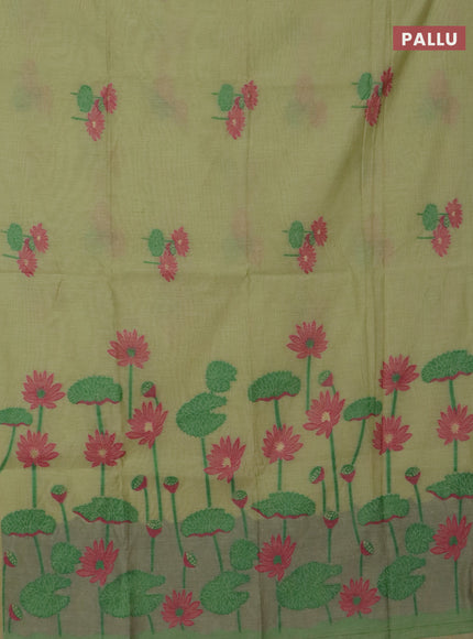 Jamdhani cotton saree pista green and pink with thread & zari woven floral buttas and jamdhani pallu