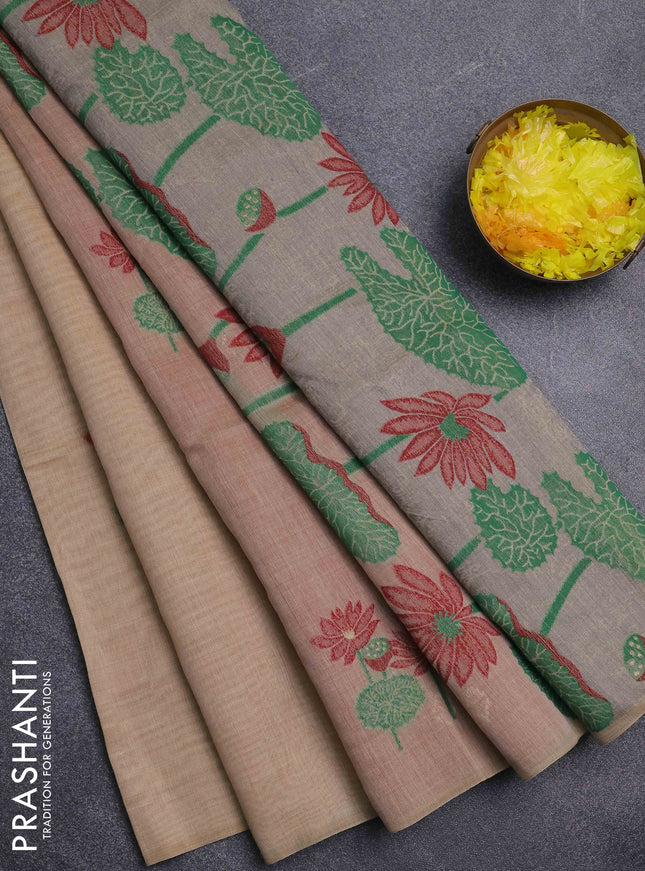 Jamdhani cotton saree sandal and red with thread & zari woven floral buttas and jamdhani pallu