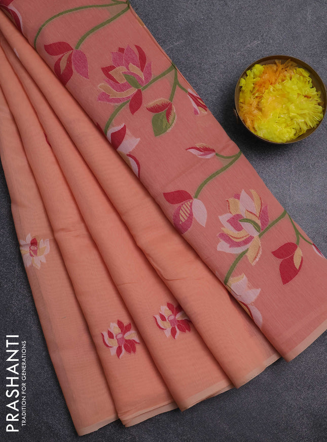 Jamdhani cotton saree peach orange and red with thread & zari woven buttas and jamdhani pallu