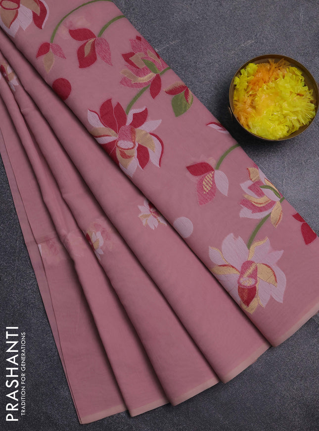 Jamdhani cotton saree pastel pink and pastel maroon with thread & zari woven buttas and jamdhani pallu
