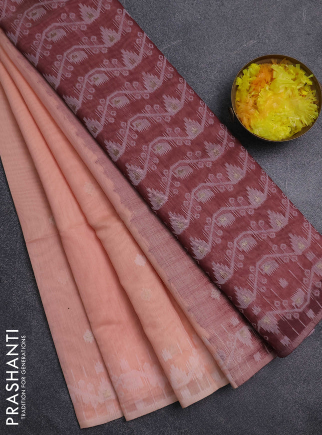 Jamdhani cotton saree peach orange and maroon with allover thread & zari woven buttas and jamdhani pallu