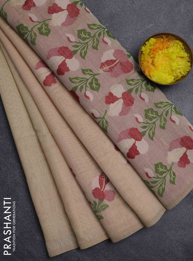 Jamdhani cotton saree beige and maroon with thread & zari woven floral buttas and floral jamdhani pallu