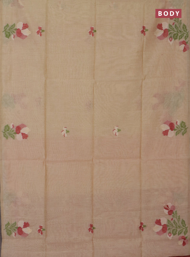 Jamdhani cotton saree beige and maroon with thread & zari woven floral buttas and floral jamdhani pallu