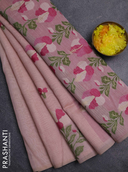 Jamdhani cotton saree peach shade and pink with thread & zari woven floral buttas and floral jamdhani pallu