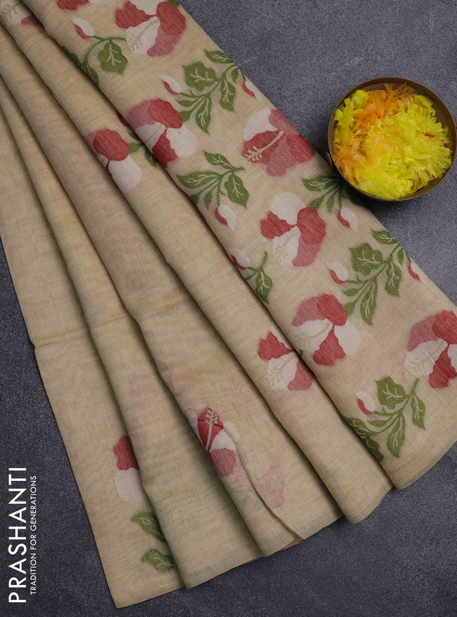 Jamdhani cotton saree beige and red with thread & zari woven floral buttas and floral jamdhani pallu