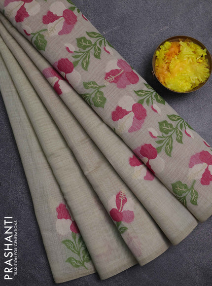 Jamdhani cotton saree mild pista green and pink with thread & zari woven floral buttas and floral jamdhani pallu