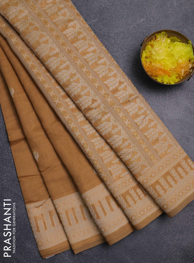 Jamdhani cotton saree dark sandal with thread & zari woven buttas and jamdhani pallu