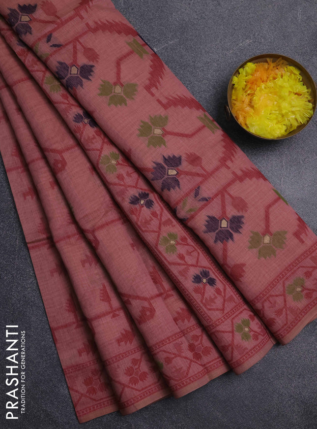 Jamdhani cotton saree dark peach pink with allover thread weaves & zari butttas and jamdhani pallu