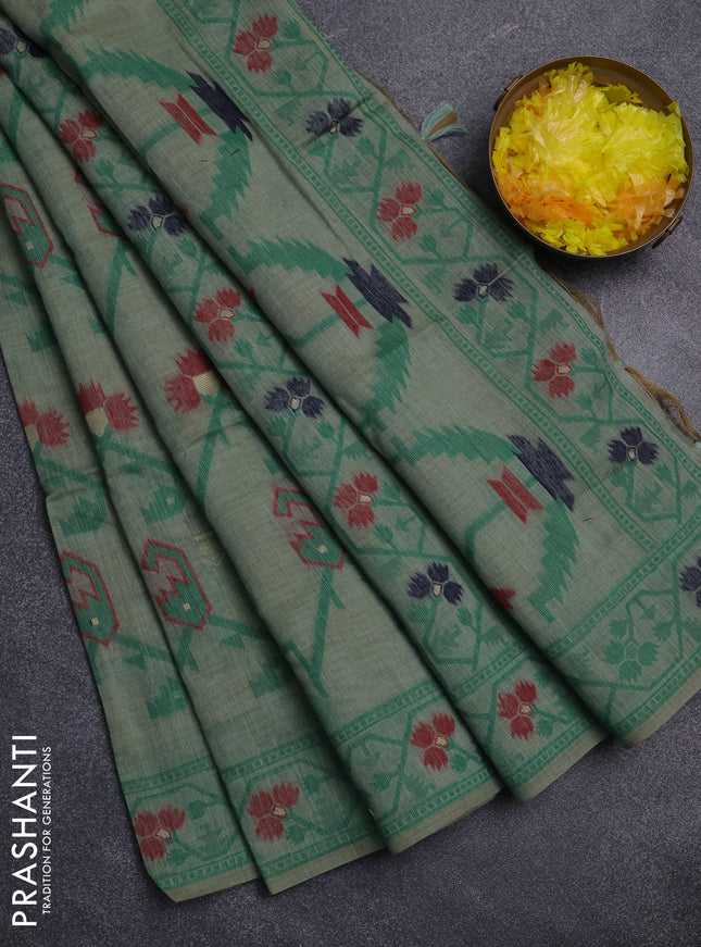 Jamdhani cotton saree green shade with allover thread weaves & zari butttas and jamdhani pallu