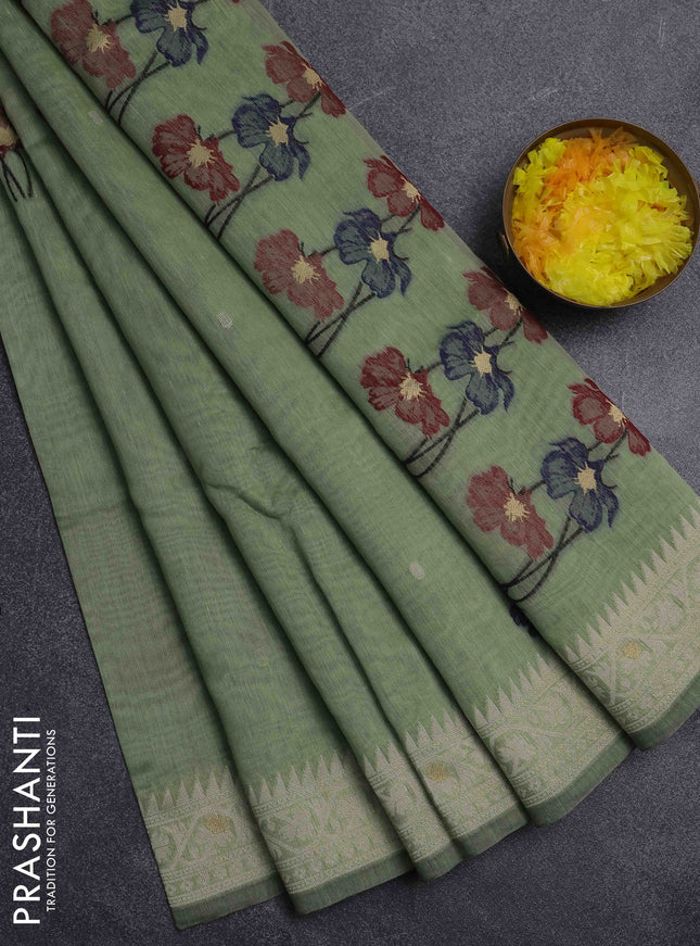 Jamdhani cotton saree green shade and maroon with thread & zari woven buttas and jamdhani pallu