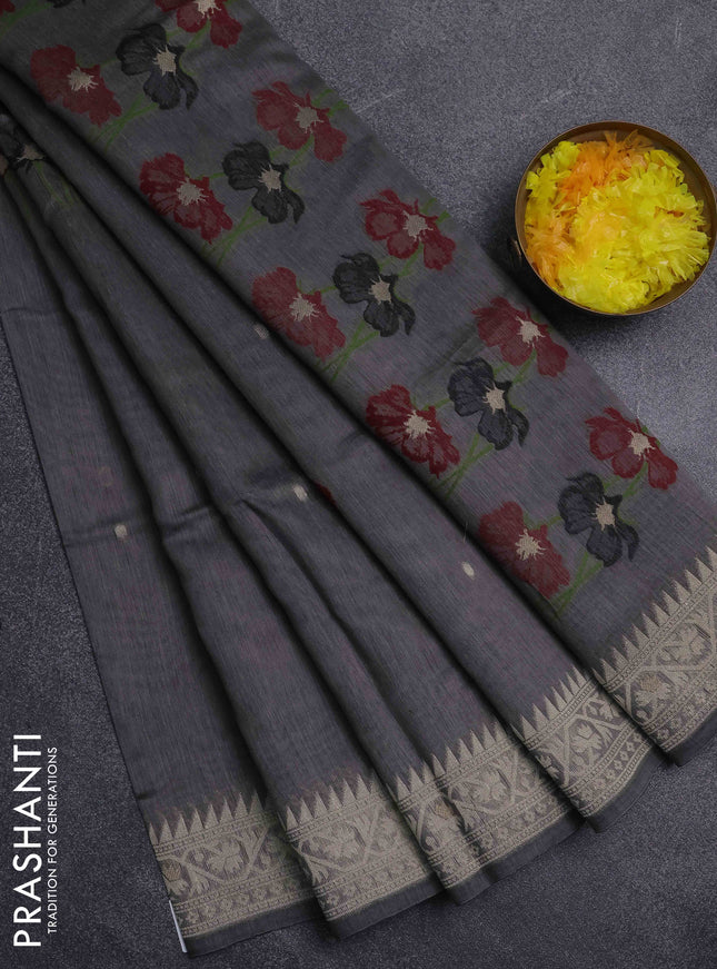 Jamdhani cotton saree dark grey and deep maroon with thread & zari woven buttas and jamdhani pallu