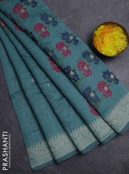 Jamdhani cotton saree teal green and navy blue with thread & zari woven buttas and jamdhani pallu