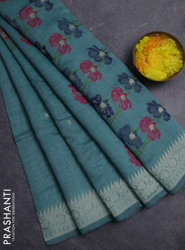 Jamdhani cotton saree teal green and navy blue with thread & zari woven buttas and jamdhani pallu