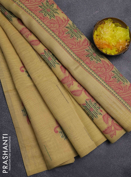 Jamdhani cotton saree pale yellow and green with thread & zari woven buttas and jamdhani pallu