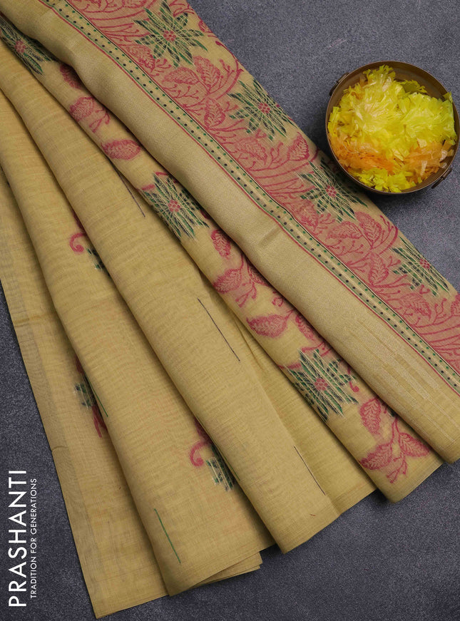 Jamdhani cotton saree pale yellow and green with thread & zari woven buttas and jamdhani pallu