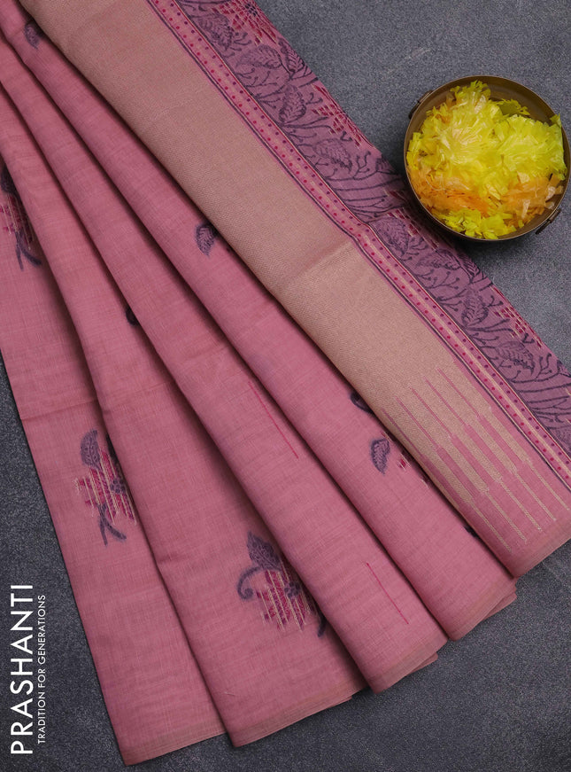 Jamdhani cotton saree peach pink and purple with thread & zari woven buttas and jamdhani pallu