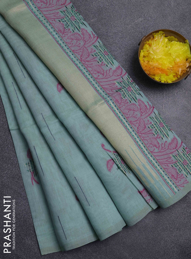 Jamdhani cotton saree teal green and navy blue with thread & zari woven buttas and jamdhani pallu
