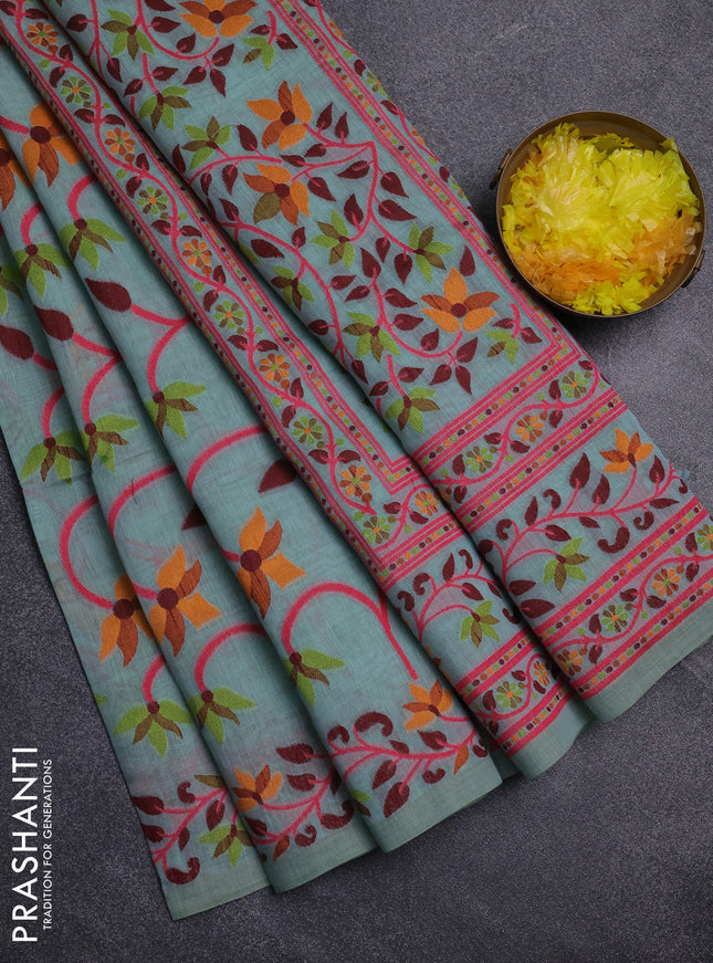 Jamdhani cotton saree teal green shade with allover thread weaves  and jamdhani pallu