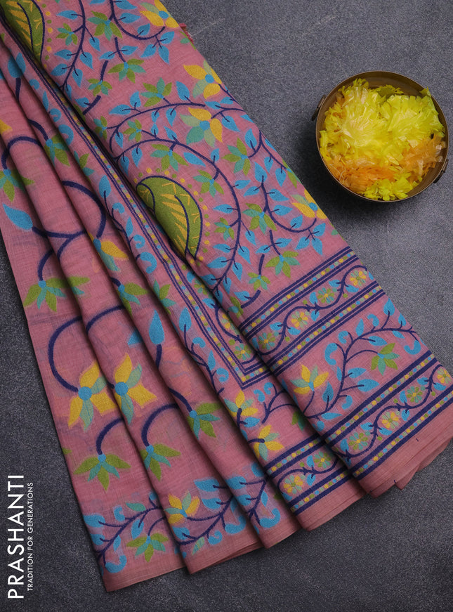 Jamdhani cotton saree peach pink with allover thread weaves  and jamdhani pallu