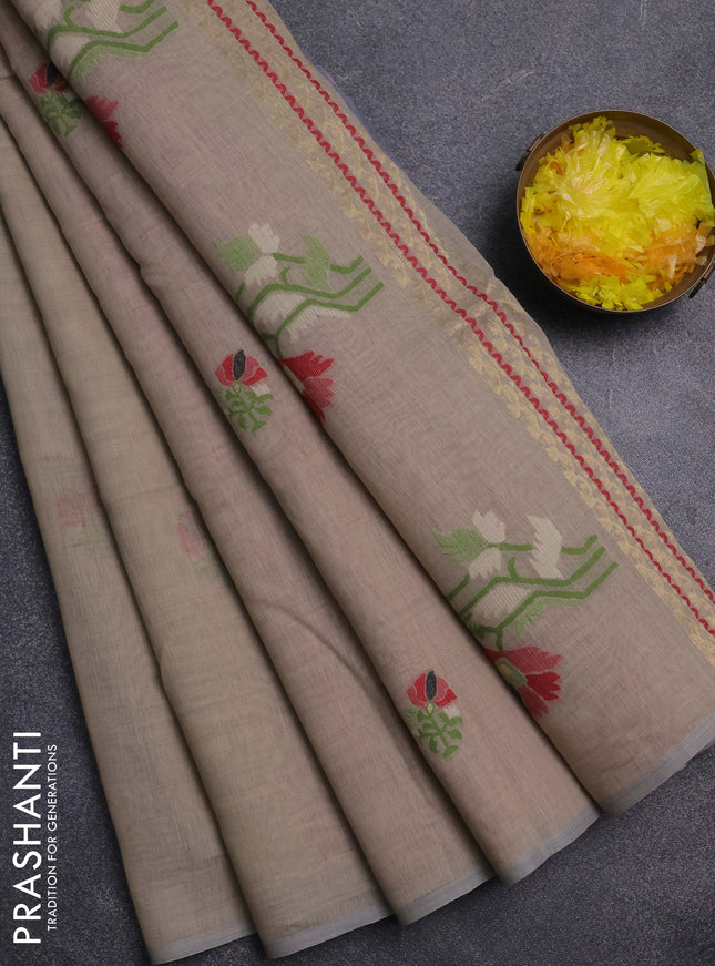 Jamdhani cotton saree beige and maroon with thread woven buttas and jamdhani pallu