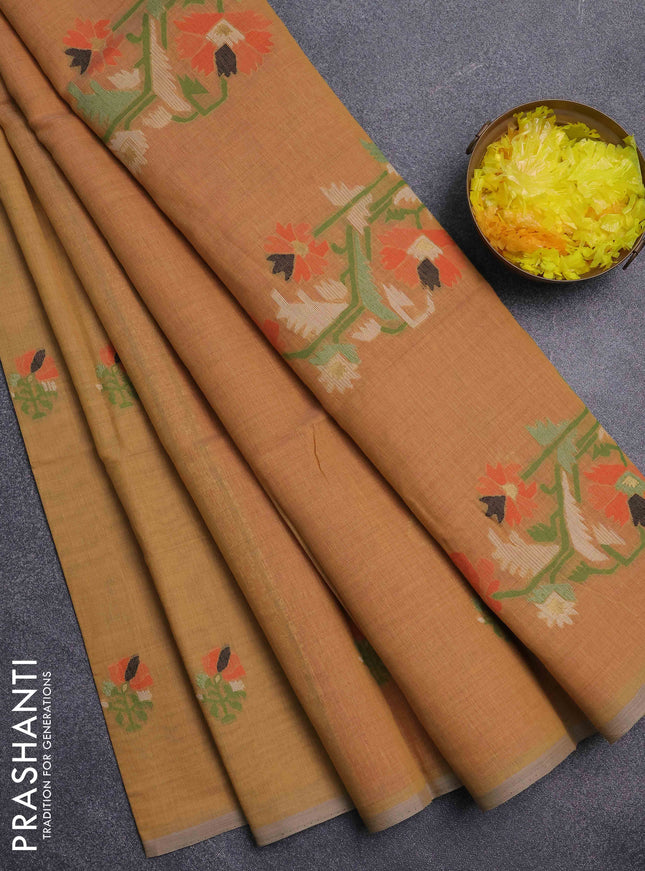 Jamdhani cotton saree sandal and orange with thread woven buttas and jamdhani pallu