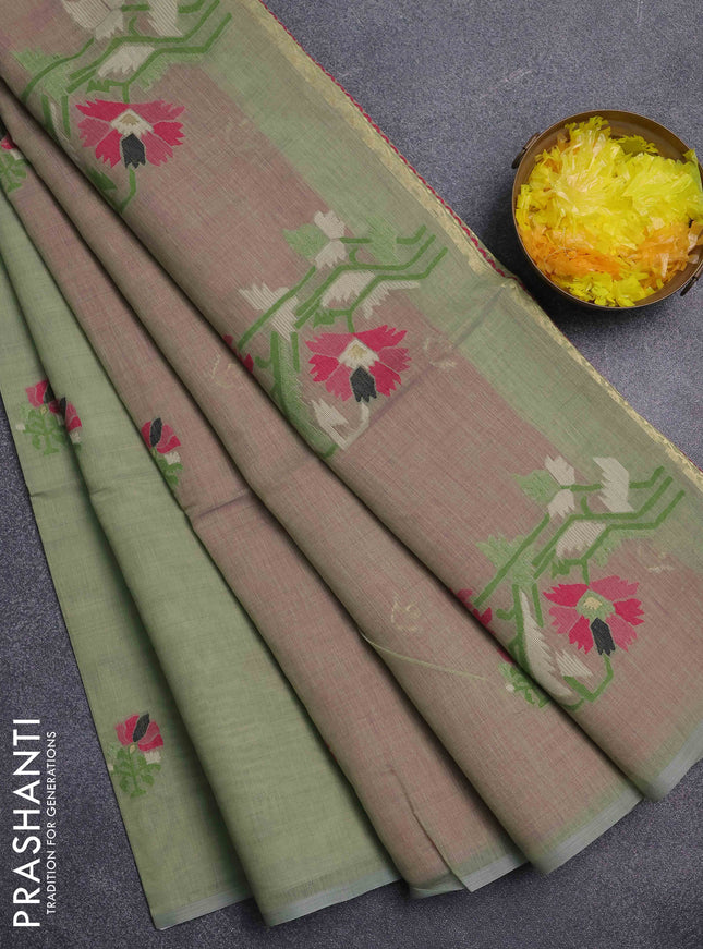 Jamdhani cotton saree pastel green and pink with thread woven buttas and jamdhani pallu