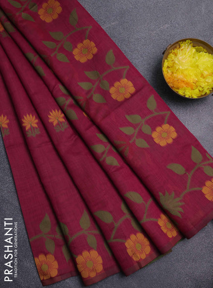 Jamdhani cotton saree magenta pink with floral thread woven buttas and jamdhani pallu
