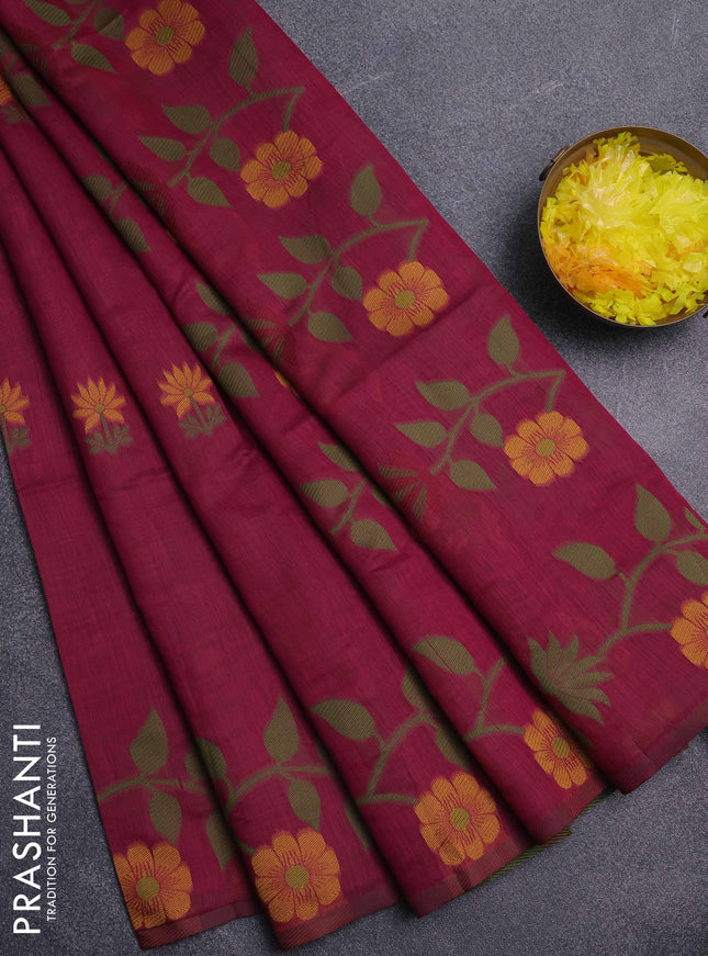 Jamdhani cotton saree magenta pink with floral thread woven buttas and jamdhani pallu