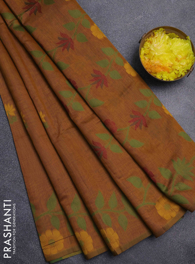 Jamdhani cotton saree dark mustard with floral thread woven buttas and jamdhani pallu