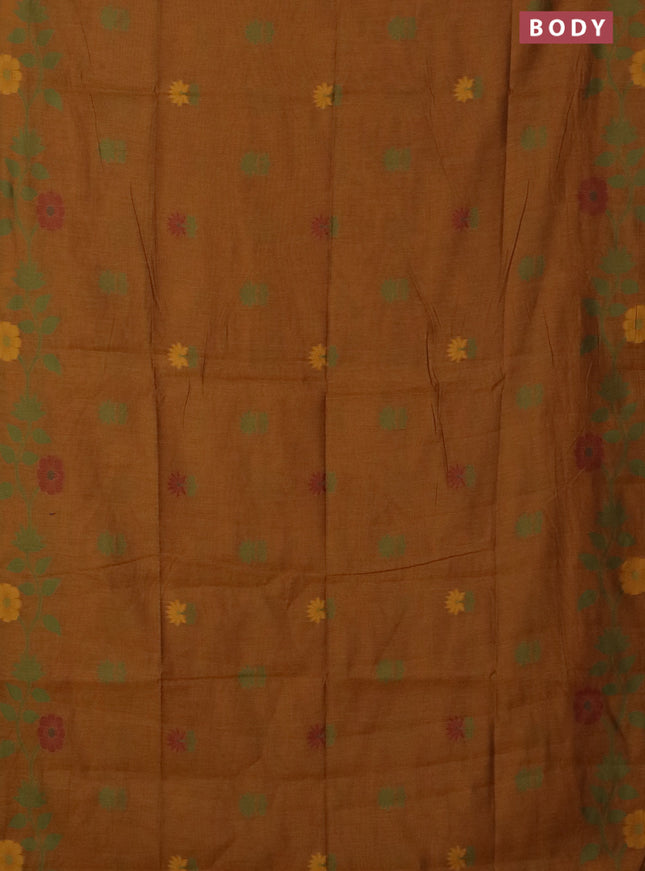 Jamdhani cotton saree dark mustard with floral thread woven buttas and jamdhani pallu