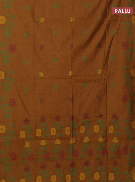 Jamdhani cotton saree dark mustard with floral thread woven buttas and jamdhani pallu
