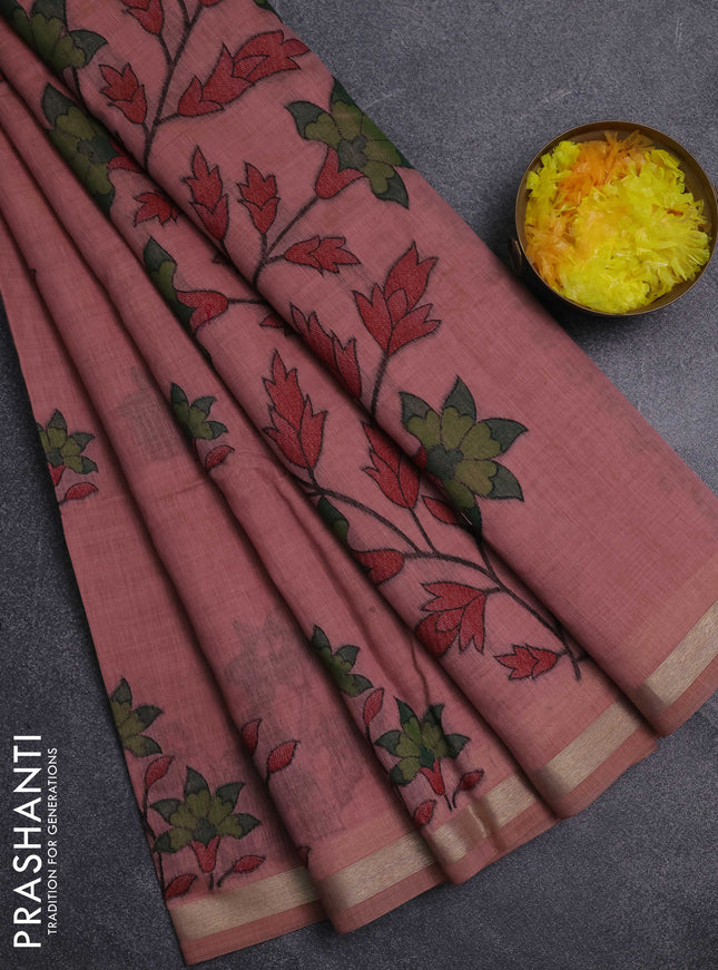 Jamdhani cotton saree dark peach with thread woven buttas and jamdhani pallu