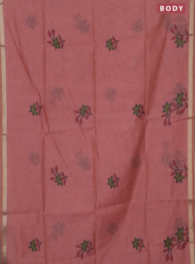 Jamdhani cotton saree dark peach with thread woven buttas and jamdhani pallu