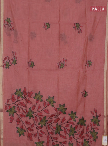 Jamdhani cotton saree dark peach with thread woven buttas and jamdhani pallu