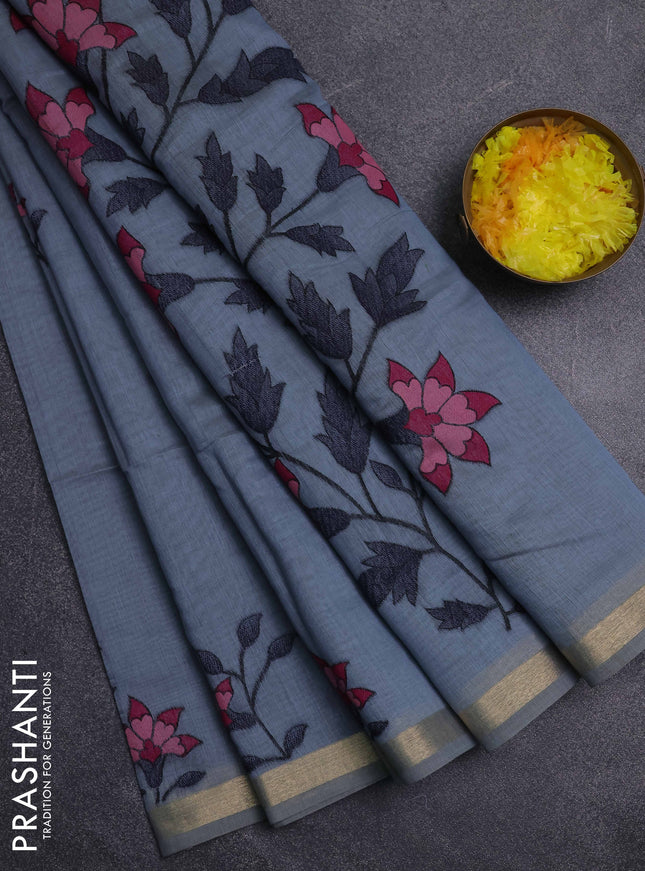 Jamdhani cotton saree grey with thread woven buttas and jamdhani pallu