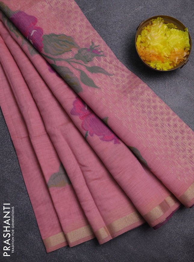 Jamdhani cotton saree peach pink and pink with thread woven buttas and jamdhani pallu