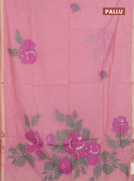 Jamdhani cotton saree peach pink and pink with thread woven buttas and jamdhani pallu