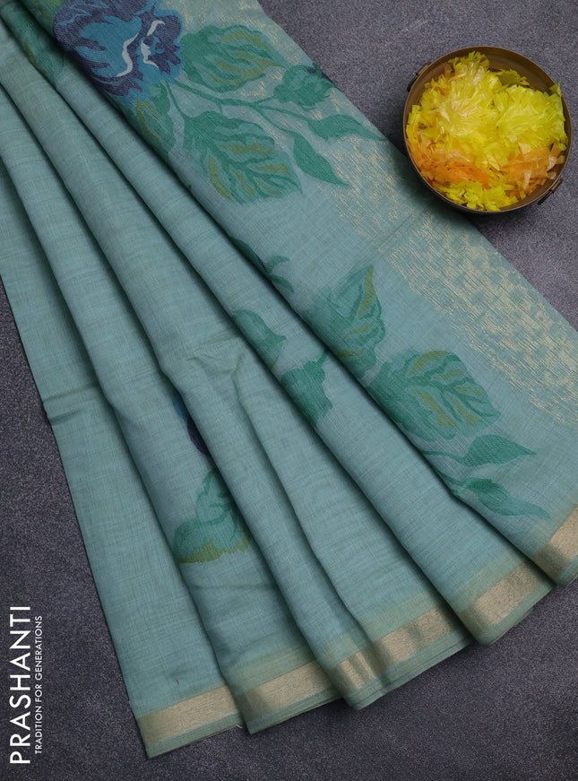 Jamdhani cotton saree teal green shade and navy blue with thread woven buttas and jamdhani pallu