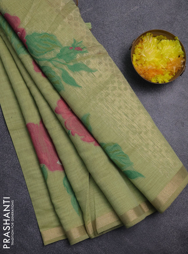 Jamdhani cotton saree pista green and pink with thread woven buttas and jamdhani pallu