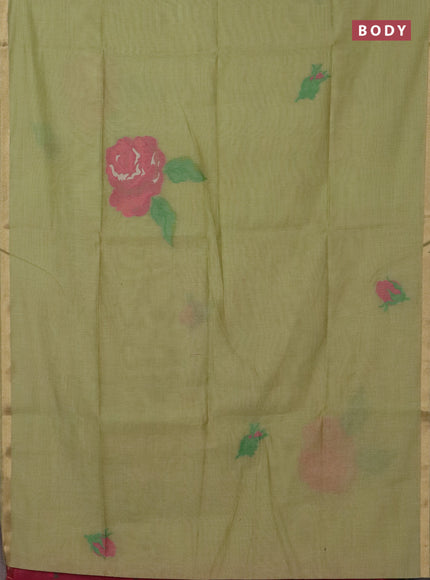 Jamdhani cotton saree pista green and pink with thread woven buttas and jamdhani pallu