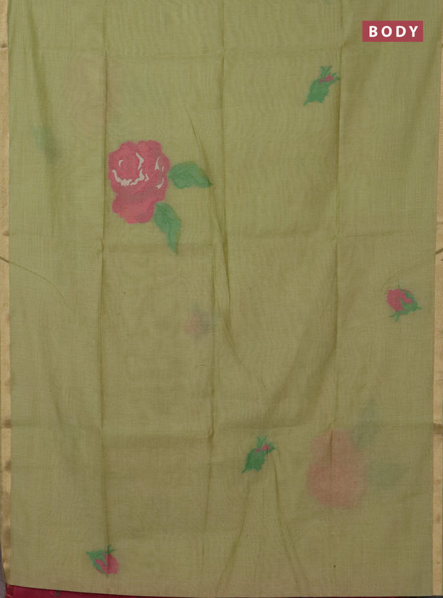 Jamdhani cotton saree pista green and pink with thread woven buttas and jamdhani pallu