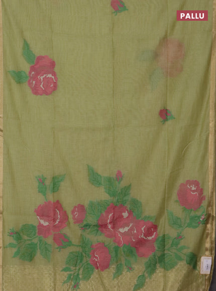 Jamdhani cotton saree pista green and pink with thread woven buttas and jamdhani pallu